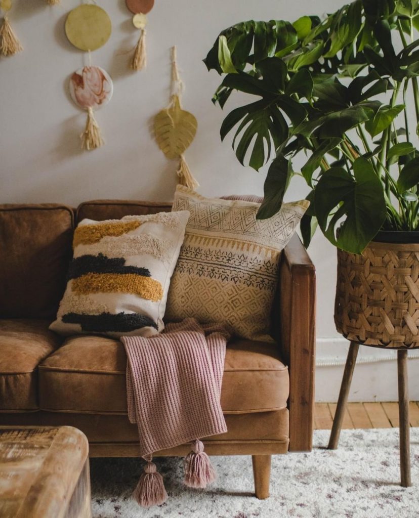 End of couch with pillows, a plant on the side and decor on the wall