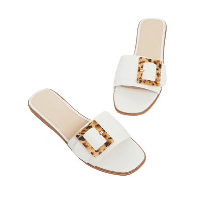 WHITE TORTOISE BUCKLE MULE SANDALS